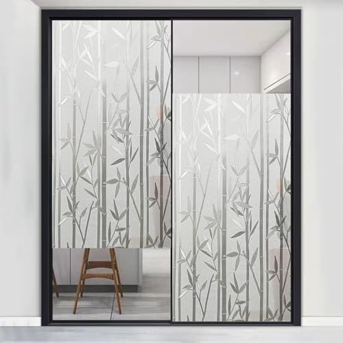 Blickdichte Fensterfolie 100 x 180 cm Ohne Klebstoff Folie Sichtschutz Anti UV Selbstklebend Klebefolie, Folie Fenster Sichtschutz für Büro Bad Duschkabine, Bambus