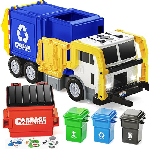JOYIN Großer, reibungsbetriebener Müllwagen-Spielzeugset, inklusive 1 Müllcontainer, 3 Mülleimern und 30 Lernkarten für Kinder, Blau