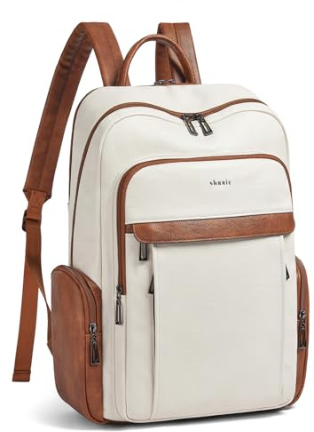 Shrrie Sac à dos pour ordinateur portable en cuir végan de 17 pouces pour femme, Sac à dos décontracté ordinateur pour les voyages,université et travail, Beige et Marron