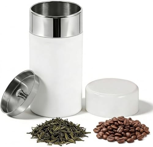 EALRIDV Teedose Edelstahl, Teedosen für Losen Tee, Kaffeedose Luftdicht mit Doppeldeckel, Runde Blechdose, Kleine Küchenbehälter für Tee, Kaffee, Kakao, Zucker Und Gewürzen (550ml Weiß)