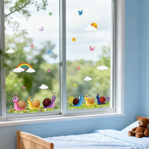 ANATTASOUL Schnecke und Regenbogen Fensterbilder for Frühling Sommer | Doppelseitig Blickdichter Badezimmer Fensterbilder Kinderzimmer Wiederverwendbare Fensterbilder Frühling for Winter Herbst