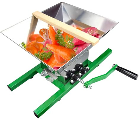 Obstmühle aus Edelstahl, Zitruspresse mit Kurbel, mit Trichter, 7 l, übergroß, Pulsierer und Obstzerkleinerer | für Trauben, Beeren, Birnen, Pfirsiche, Pflaumen, Zitrusfrüchte, Säfte