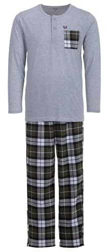 Henry Terre Herren Pyjama Carlo mit Karo Muster Langarm Schlafanzug Baumwolle Brusttasche M-3XL