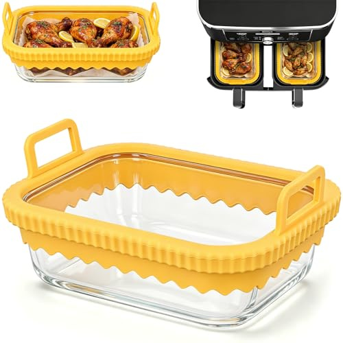 Nexpho Cesta Cuadrada de Vidrio Transparente para Air Fryer con Mango de Silicona, Fondo de Cristal para Ninja Cosori Philips,Sin BPA, Herausnehmbarer Silikonring, Spülmaschinenfest, 21x16x7cm