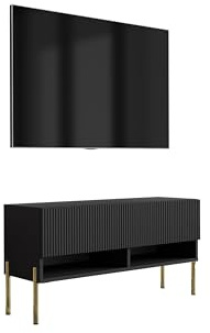 3E 3xE living.com TV-Schrank mit geriffelter Front, Mattschwarz, gerade goldene Beine, 100 × 32 × 52 cm