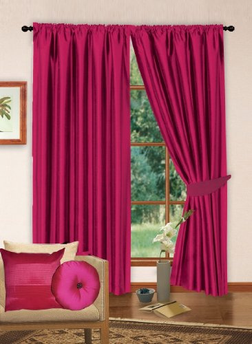 Faux Silk Readymade Pencil Pleated Fuschia Pink 66 x 90 Luxury Modern Fully Lined Curtains plus Tiebacks
