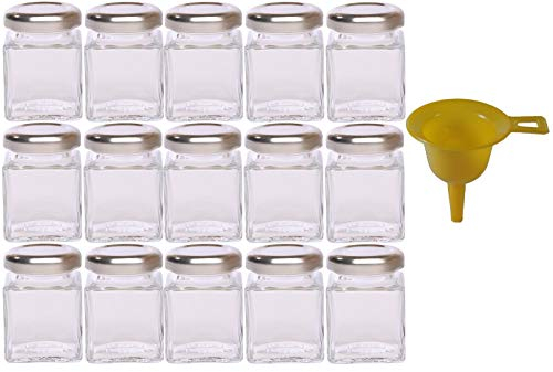 Viva Haushaltswaren Lot de 15 mini pots à confiture/huiles/sel/épices avec couvercle Argenté 50 ml + Entonnoir Jaune