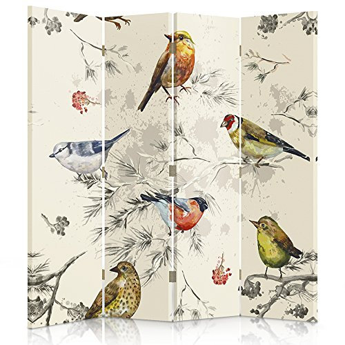 Feeby Paravent Oiseaux Branches 4 Panneaux 145x150 cm Une Seule Côté Cloison de séparation Écran Pliant Foto Paravent Décoratif Mur Espagnol Impression sur Toile Chambre d'enfant Salon Bureau Beige