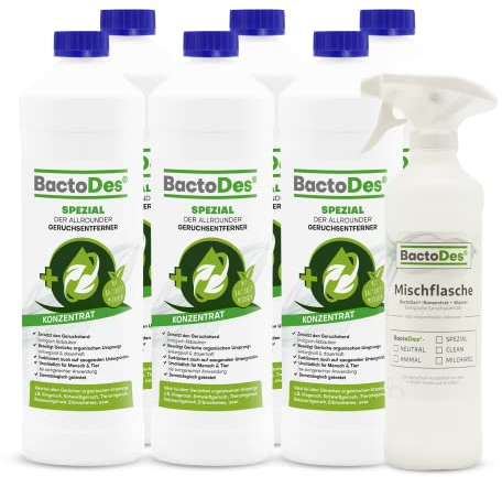 Bactodes - Neutralizzatore Speciale di odori concentrato da 6 Litri con boccetta Spray - Detergente Enzimatico Universale con Effetto bio-microbico - Rimuove efficacemente Tutti Gli odori sgradevoli