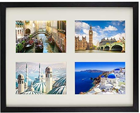 BD ART 28 x 35 cm Mehrfach Bilderrahmen, Bildergalerie, Fotogalerie mit Passepartout und 4 Foto-Ausschnitten für Fotos 10 x 15 cm, Schwarz