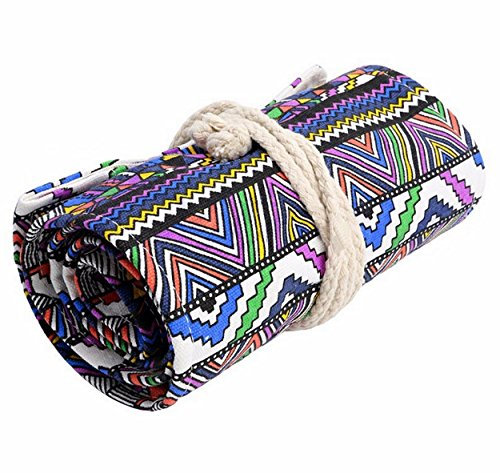 Leuchtbox Bunte Ethno Stifterolle Schreibmappe Rollmäppchen Griffelmappe Stiftköcher Künstleretui aus Canvas-Leinenstoff für Stifte Pinsel Make-Up Schreibzeug und Co (48 Ösen)