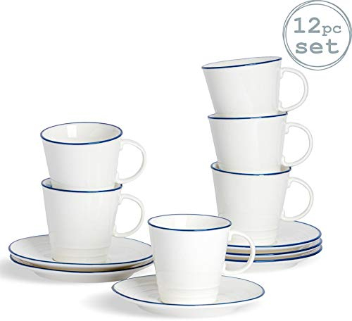 Nicola Spring Farmhouse Coffee/Tea Cup & Saucer Set - 250ml - White/Blue - Set of 12 Pieces