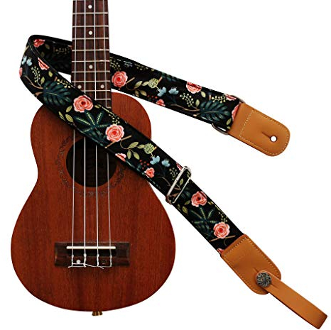 MUSIC FIRST Originelles Design Dark Night Garden weicher Musselin & Echtleder Ukulele Schultergurt mit Schließfach aus echtem Leder