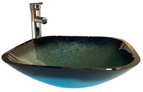 Home Supplies – Modern Tempered Marble Effect Glass Square Vessel Sink Bowl Bathroom, Cloakroom Countertop Basin Sink with Tap, Pop up Waste, Chrome Bottle Trap