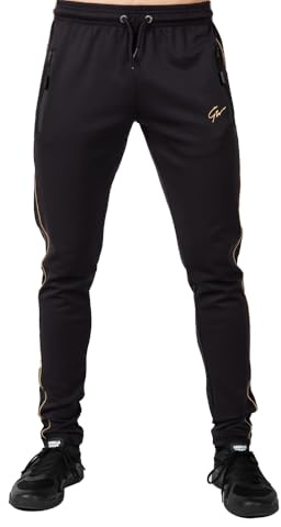 Gorilla Wear Wenden Track Pants - schwarz/Gold - Jogginghose Jogger aus Polyester Elasthan mit Logo zum Sport Alltag Freizeit Training Workout Enge Passform starker Halt Reißverschluss, S