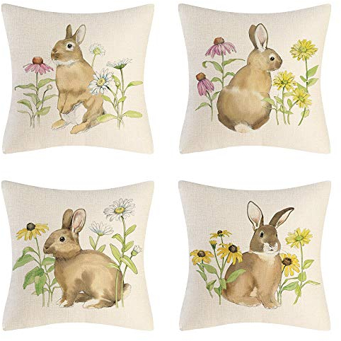 AMZQJD 4 Stück Kissenbezug Ostern Hasenselementstile Dekorative Kissenhülle Baumwolle Leinen Sie Kissenbezüge (45 x 45 cm, Grau Kaninchen)