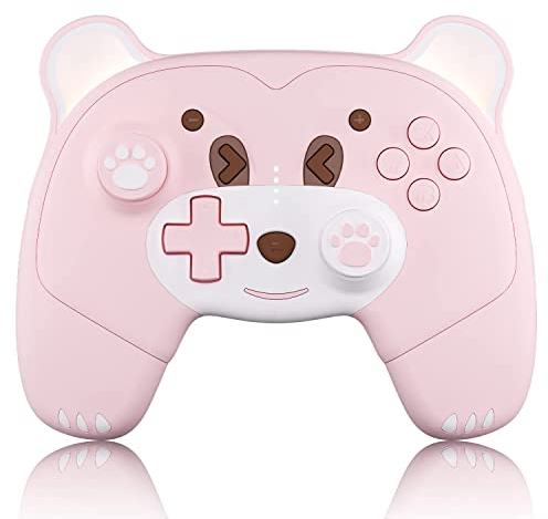 Mytrix Carino Switch Pro Controller per Nintendo Switch/Lite/OLED, Wireless Controller con Luce Respiratoria e Jack per Cuffie, Tasti Macro, Svegliarsi Modalità, Adatto a Ragazze e Bambini(Orso Rosa)