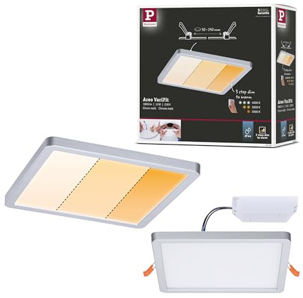 Paulmann 93100 LED Panel Einbaupanel Areo IP44 175x175m 3-Step-Dim eckig incl. 1x13 W dimmbar Warmweiß Chrom matt Kunststoff Deckenleuchte 2000 K
