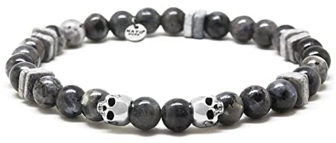 Nato Cuff - 925 Sterling Silber Totenkopf Skull Armband - Larvikite Perlen Halbedelsteine ​​- Griechische Keramikperlen- Herren und Damen schmuck Handgefertigt in Frankreich (Large 19cm)