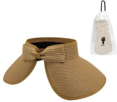 Andiker Straw Hat Sun Visor Hat with Wide Brim for Women Ladies Foldable Cap Ponytail Beach Hats with A Storage Bag for Summer Black White Beige (Khaki)