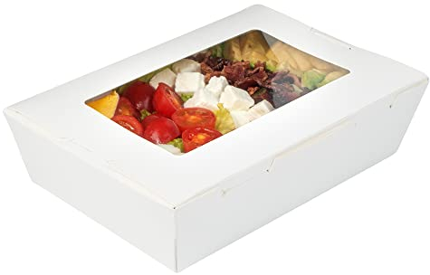 Restaurantware Cafe Vision 42 Ounce Disposable To Go Boxes 200 Paper Boxes For Food - Hinge Lock Grease-Impervious White Paper Take Out Food Containers With Window For Lunch Or Desserts