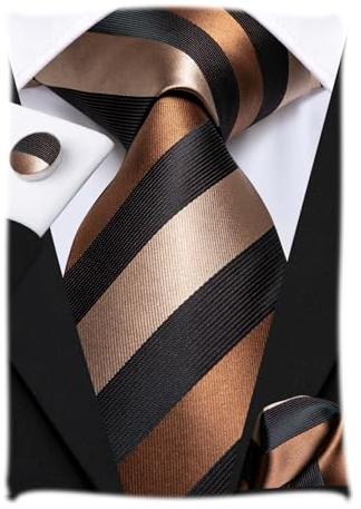 Hi-Tie Herren Krawatte Schwarz Paisley/Plaid/Streifen/Einfarbig Krawatten Set Einstecktuch Manschettenknöpfe Business Formal Hochzeit Meeting Geschenkbox,brauner schwarzer Streifen