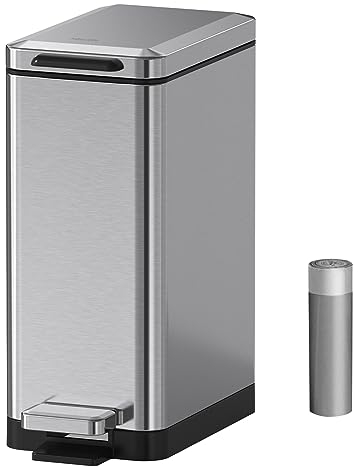 Mbillion Bathroom Bin 10 Liter Slim Design Step-On Trash Can with Strong Pedal and Soft Close Lid Stainless Steel, Living Room, Office, Stainless Steel Brushed