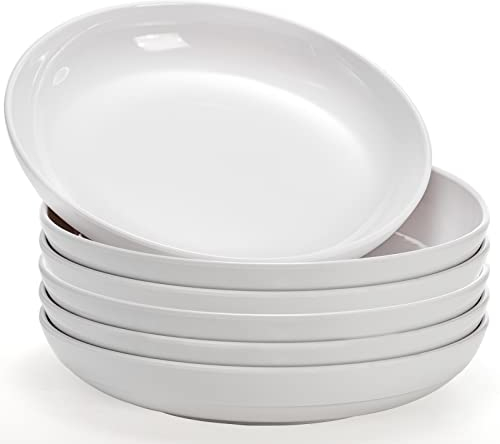 Fasmov Melamine Pasta Bowls, 6 Pack 10 inches 47 Oz Large Salad Serving Bowls, Shallow Salad Bowls, Plastic Dinner Deep Plates, Dishwasher Safe, White