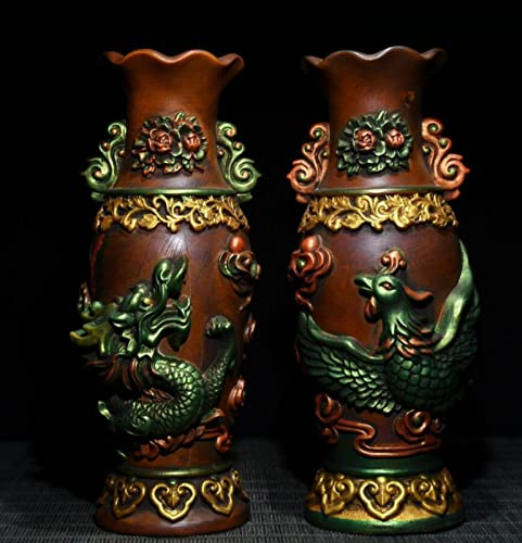 MRXFN Auto-Dekoration Archaize handgeschnitzte Buchsbaum-Drachen-Phoenix-Vase, Wohnzimmer-Dekoration, Basteln, Statue, EIN Paar