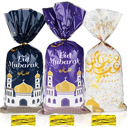 Woparty Eid Mubarak Tüten 100 Stücke Eid Mubarak Geschenktüten mit Goldene Twist Krawatten Ramadan Tüten für Eid Mubarak Partytüten Ramadan Geschenktüten Klar Kunststoff Goodie Tasche