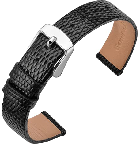 ANNEFIT Uhrenarmband 15mm Leder für Damen, Eidechsen-Prägung Ersatzarmband mit Edelstahl Silberne Schnalle (Schwarz)