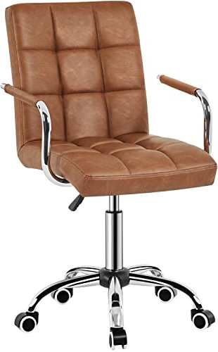 Yaheetech PU Leather Office Chair Mid Back Swivel Task Chair Comfortable Computer Chair Height Adjustable with Armrests, Retro Brown