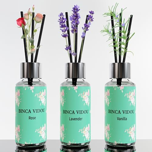 Binca Vidou Reed Diffuser Set of 3, Lavender Rose Vanilla Oil Reed Diffusers for Bedroom Living Room Office Aromatherapy for Gift & Stress Relief 35ml/1.18oz x 3