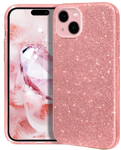 MATEPROX Compatible with iPhone 15 Case, Sparkly Bling Cute Glitter Cover with 3 Layer Hybrid, Anti-Slick Protective Case for iPhone 15 6.1'' 2023-Pink