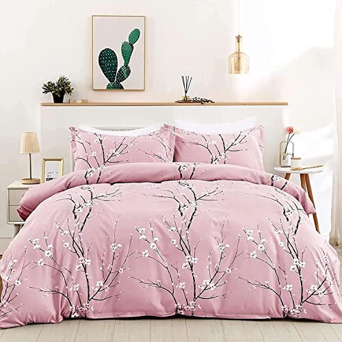 Freyamy Blumen Bettwäsche 155x220cm 2teilig Rosa Pflaumenblüten Zweig Elegante Bettwaren-Sets Gebürstet Microfaser Weiche Bettwäsche Mädchen Bettbezug mit Reißverschluss und Kissenbezug 80x80cm