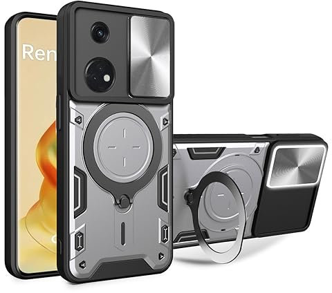 UPLAI Cover per OPPO Reno 8T 4G (Reno8T), Ultra Sottile Antiurto Armatura Custodia con Diapositiva Telecamera Cover e Magnetica Kickstand, Premio PC+TPU Durevole Caso.Argenteo