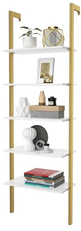 HOMASIS Scaffale a Scala con 5 Livelli, Librerie da Parete con Struttura in Metallo, Mensola da Muro Autoportante per Ufficio, Soggiorno, Cucina, Bagno, 61 x 30 x 183 cm (Oro)