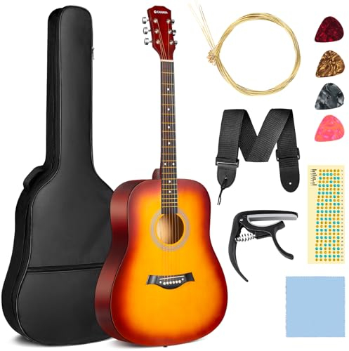 CAHAYA 41 Zoll Akustikgitarre Lindenholz: Akustikgitarren Set für Anfänger, Kinder und Erwachsene, kommt mit Tragetasche, Ersatzsaiten, Kapodaster, Plektren, Skalenaufklebern, Gelb CY0355