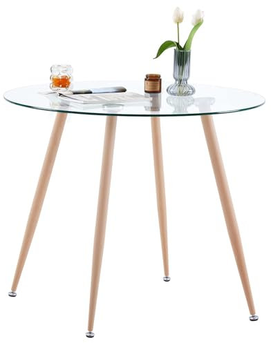 GOLDFAN Round Glass Dining Table Modern Kitchen Table with Metal Legs,4 Seaters Rustic Dinner Table for Home Dining Room Living Room,80cm