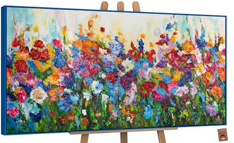YS-Art Abstrakt Acryl Gemälde auf Leinwand Blumige Farben handgemalt Wandbilder Wohnzimmer modern Wohndekor Bild Blumen Weide Wiese bunt echte Kunst 140x70 cm