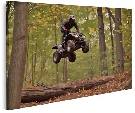 islandburner Prime Bild auf Leinwand ATV-Fahrer vollführt Sprung über Waldstamm, Blätter wirbeln dynamisch umher Jugendzimmer ATV-Verleih & Tourenanbieter Bilder Wandbilder Poster