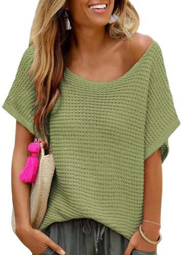 YUTILA Damen Loose Kurzarmpullover Casual Rundhals Lockere Sommer Strickpullover In luftgem Ajourstrick,sommerlich
