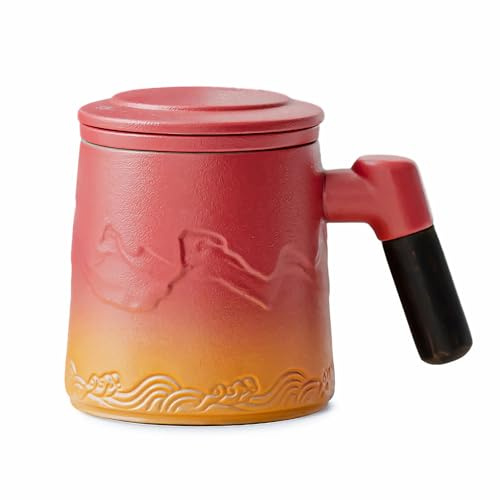Webao Teetassen mit Sieb und Deckel, 360ml Matte Keramik Teetasse mit Gradienten Geprägtem Muster, Holzgriff Teebecher für Teeliebhaber Geschenke, Rot und Orange