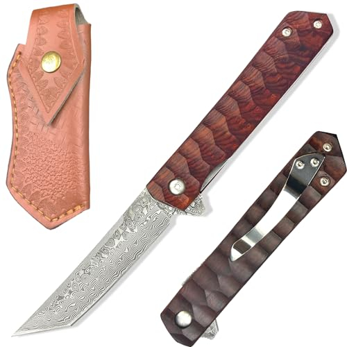 MIWOOHO Klappmesser Damast Taschenmesser Damastmesser mit Damaststahl Klinge, Holzgriff, Flipper, Messerscheide Leder Angelmesser Scharf Einhandmesser EDC Messer mit Clip