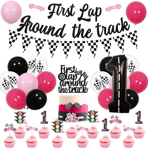 JOYMEMO Pink Race Car 1st Birthday Party Decorations Girl - First Lap Around The Track Banner Cake Topper, Cupcake Toppers, Checkered Flag Garland, Number 1 Balloons for Let’s Go Racing Party