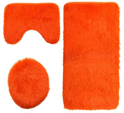 Reyox Badvorleger Set 3 Teilig, Weiche Hochflor Badematte rutschfest, Mikrofaser Flauschig Badteppich für Toilett WC Badezimmer Orange 3 STK