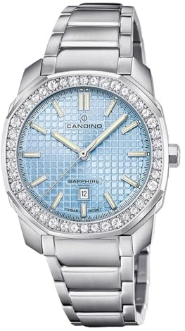 Candino Swiss Damenuhr Analog aus Edelstahl 316l Silberfarben | Quarzwerk, Widerstandsfähiges Saphirglas, Wasserdicht 5 ATM, Kalender C4756/3, Icon, Blaues Zifferblatt