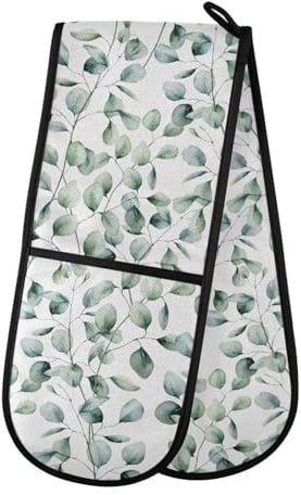 Watercolor Green Leaf Morandi Double Oven Gloves Heat Resistant Pot Holder Oven Mitt Gloves for BBQ Cooking Baking Grilling Microwave