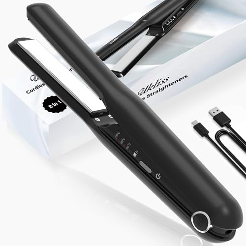 UKLISS Mini Lisseur Cheveux Sans Fil, 2 en 1 Céramique Lisseur Boucleur Cheveux 3 Température, Portable Fer a Lisser avec USB Chargement, Lisseur Boucleur pour Femme Vacances, Voyages, Camping Styling