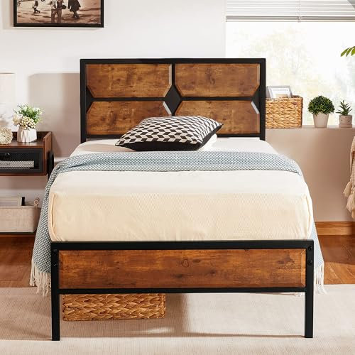 VECELO Single Bed Frame Metal Platform with Wooden Headboard & Footboard/Mattress Foundation/Strong Metal Slats Support No Box Spring Replacement/Easy Assemble